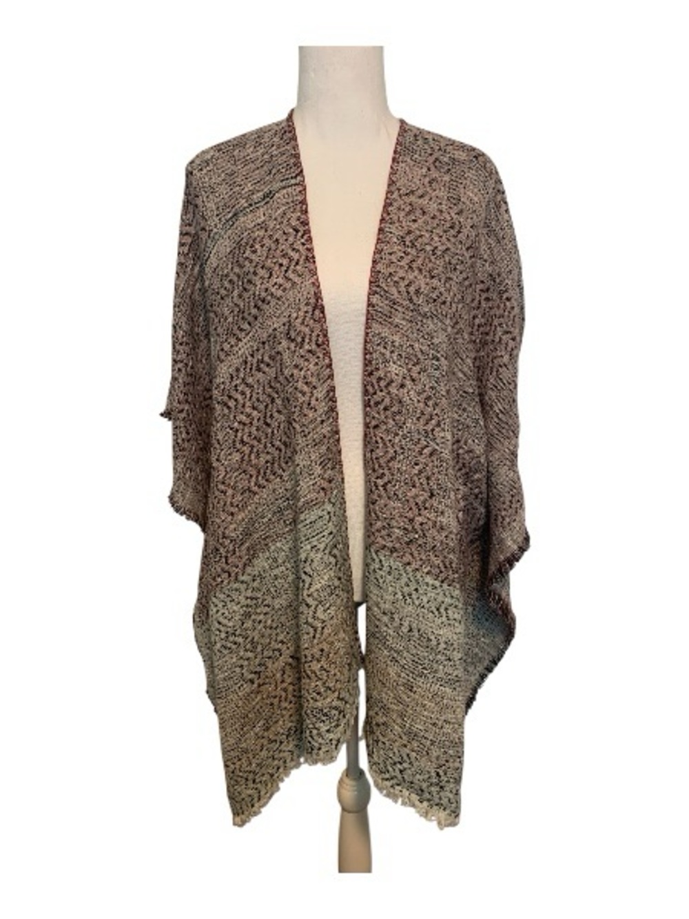 J Jill Pure Jill Open-Front Lightweight Knit Poncho Earth Tones Fringe Trim